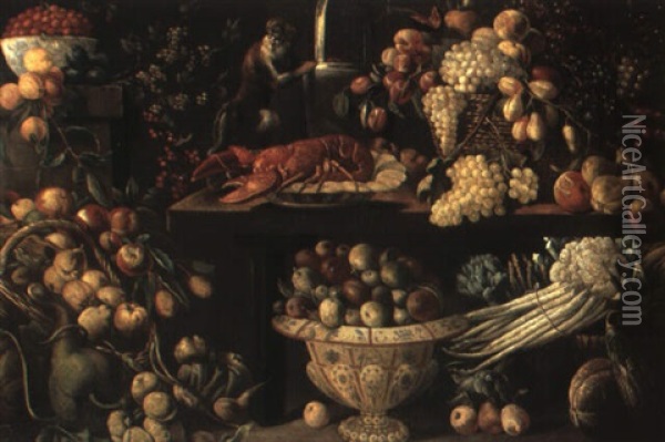 Still Life Of A Lobster, Fruit, Vegetables And A Monkey Around A Table Oil Painting - Juan Van Der Hamen Y Leon