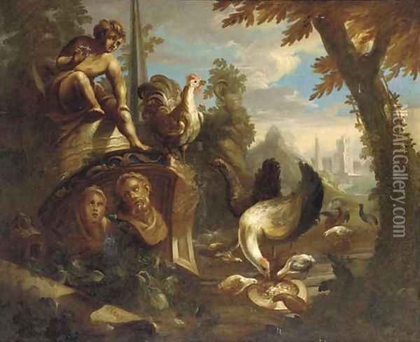Poultry and other birds feeding amongst classical ruins Oil Painting - Nicolo Casissa