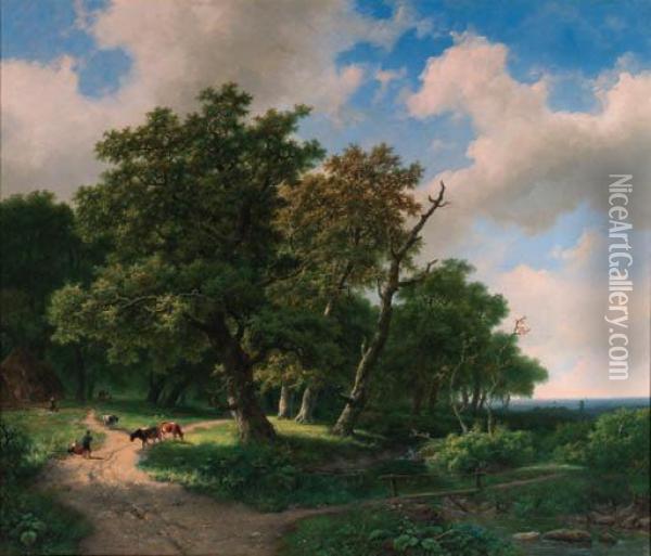 A Wooded Landscape With Cattle On A Forest Trail And A Bridgecrossing A Brook. Oil Painting - Marianus Adrianus Koekkoek