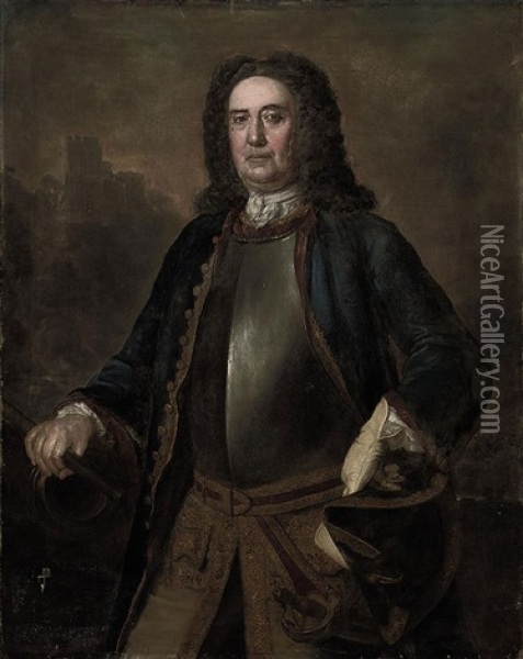 Portrait Of Major General Richard St. George, In A Blue Coat And Breast Plate, A Tricorn In His Left Hand, His Right Hand On A Canon, A Castle Beyond Oil Painting - Stephen Slaughter