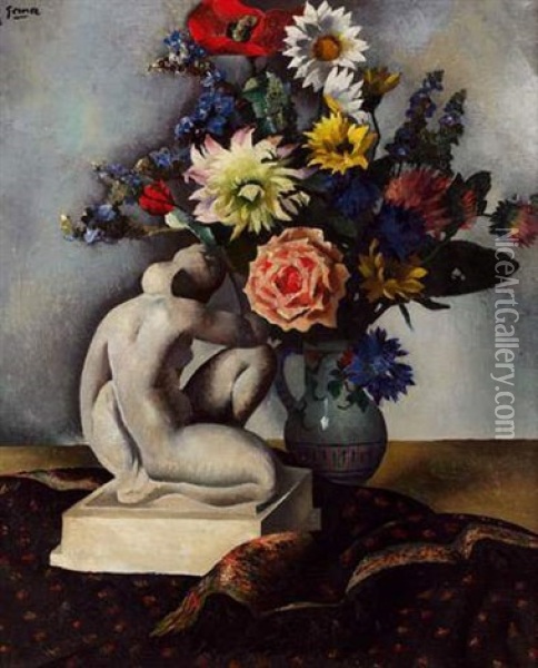 Nature Morte Au Bouquet De Fleurs Et A La Statuette Oil Painting - Paul Elie Gernez