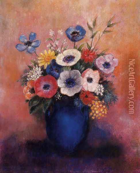 Bouquet Of Flowers In A Blue Vase Oil Painting - Odilon Redon