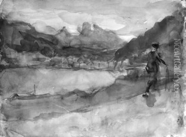An Alpine Stroll By A Mountain Lake Near Bern, Switzerland Oil Painting - Isaac Israels