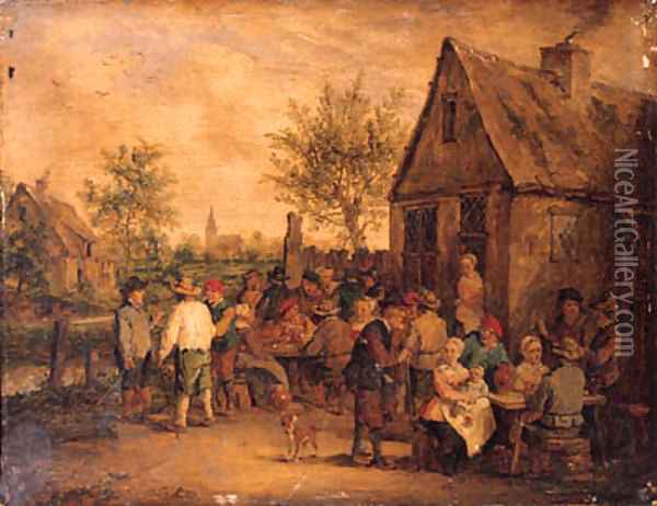 Boors smoking, drinking and playing at cards outside an inn Oil Painting - David The Younger Teniers