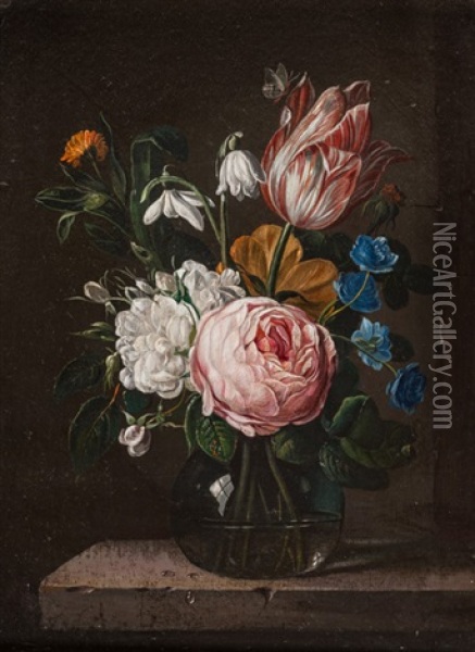 Stilleben Mit Blumen In Einer Glasvase Auf Steinpodest Oil Painting - Caspar Hirschel