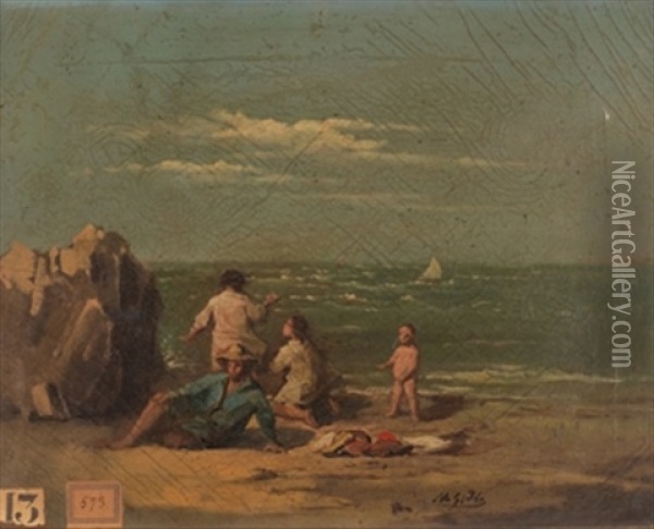 Familia En La Playa Oil Painting - Manuel Garcia Hispaleto