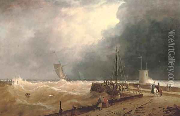 Hoisting the storm cones Oil Painting - James Ward