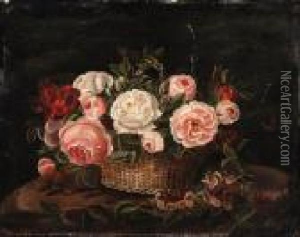 A Basket Of Roses Oil Painting - Johan Laurentz Jensen