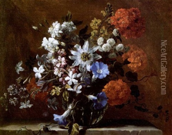 Vase De Fleurs Sur Un Entablement De Pierre Oil Painting - Jean-Baptiste Monnoyer