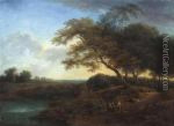 De . An Extensivewooded Landscape With A Lake And Travellers On A Path Oil Painting - Jaques D'Arthois