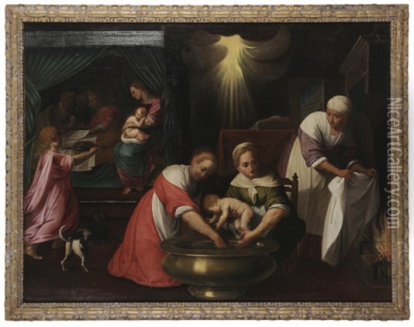 The First Bath Of The Infant Christ Oil Painting - Jacopo dal Ponte Bassano