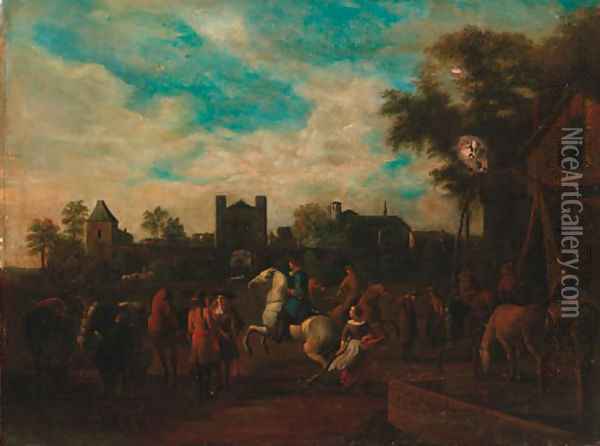 Grooms schooling horses before a tavern Oil Painting - Gerrit Adriaensz Berckheyde