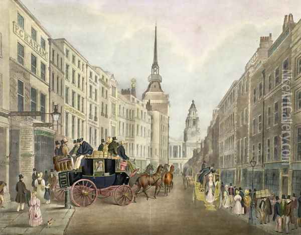 The Cambridge Coach Leaving Belle Sauvage Yard, Ludgate Hill Oil Painting - James Pollard