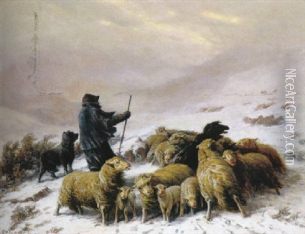 Schafer Mit Schafherde Und Hund In Winterlichem Sturm Oil Painting - August Friedrich Albrecht Schenck