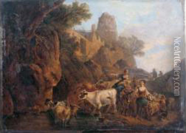 Bergeres Et Troupeau Passant La Riviere Oil Painting - Martin Drolling Oberbergheim