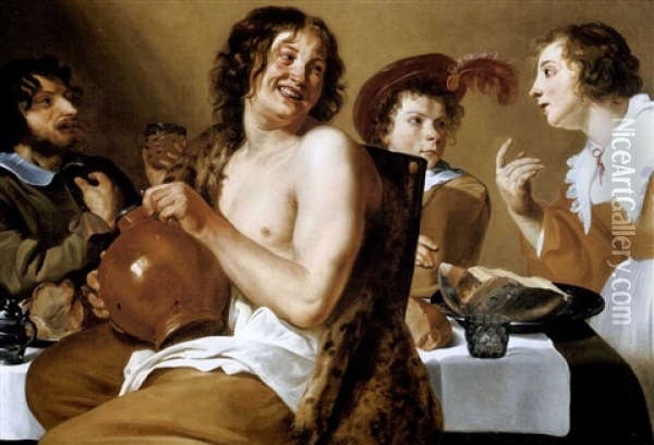 A Laughing Man With Others Eating And Drinking Oil Painting - Theodoor Rombouts