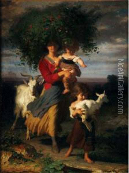 A Mother And Her Children Return From The Fields Oil Painting - Jacques Alfred Van Muyden