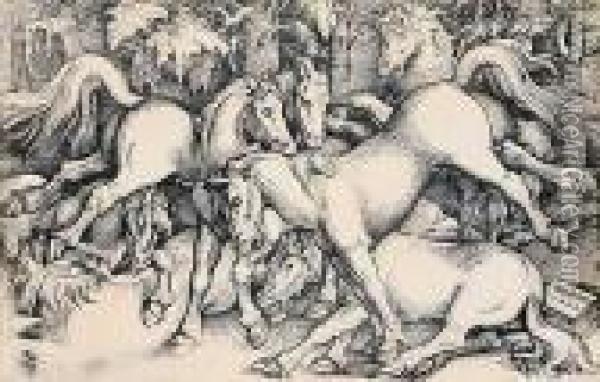 Kampfende Hengste Inmitten Einer Herde Wildpferde Oil Painting - Hans Baldung Grien