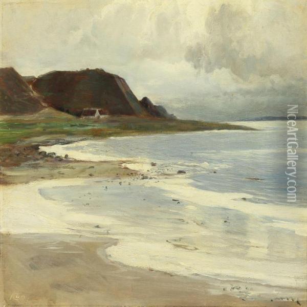 Coastal Scenery With Farm Oil Painting - Knud Larsen