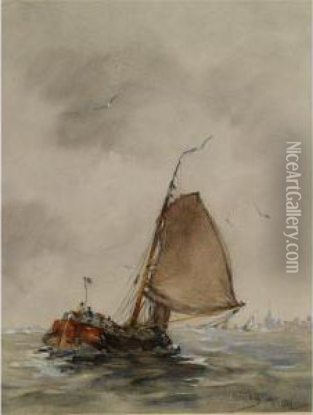 A Barge In Choppy Waters On The Zuiderzee Oil Painting - Hobbe Smith