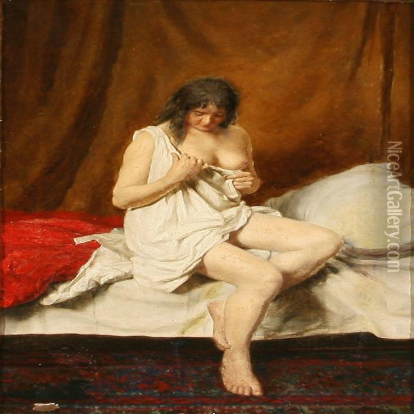 Boudoir With Half Naked Woman Sitting On A Bed Oil Painting - Niels Christian Hansen