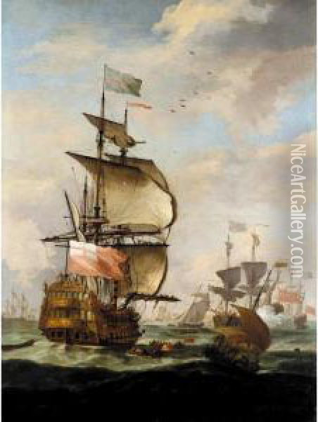 The English Fleet At Sea Oil Painting - Adriaen Van Diest