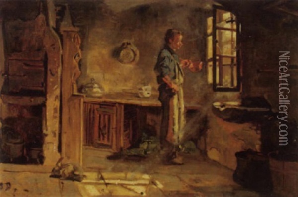 Mann Mit Kupferpfanne In Der Hand Bei Offenem Fenster Stehend Oil Painting - Simon Durand