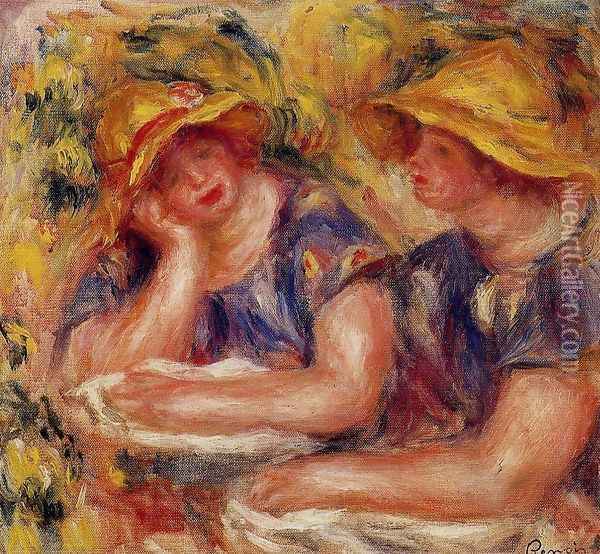 Two Women In Blue Blouses Oil Painting - Pierre Auguste Renoir