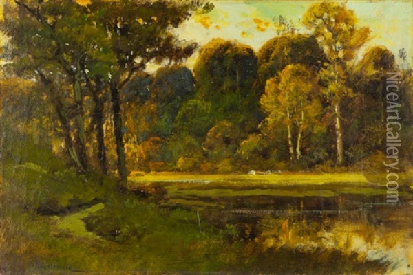 Trees In A Lakeside Landscape Oil Painting - Manuel Valencia