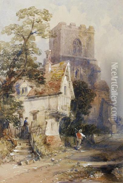 Figures Before A Village Church Oil Painting - Thomas Colman Dibdin