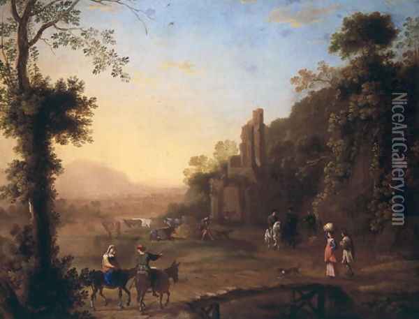 Landscape with ruins and passersby Oil Painting - Herman Van Swanevelt