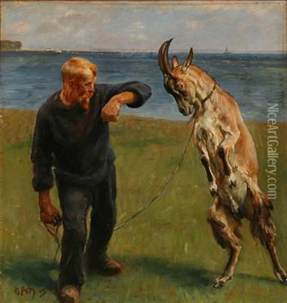 Manden Med Bukken (a Man And A Goat Buck) Oil Painting - Niels Pedersen Mols