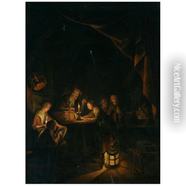Studying By Candle Light Oil Painting - Petrus van Schendel
