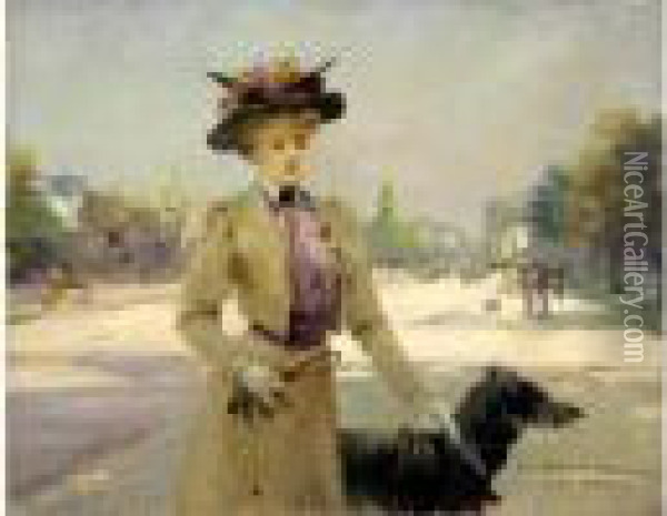 Elegante Et Son Chien, Avenue Du Bois. Oil Painting - Louise Abbema