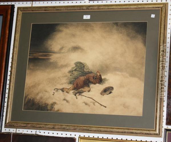 Winter Landscape With An Exhausted Figure Falling On Snow-covered Ground Oil Painting - Robert Hills