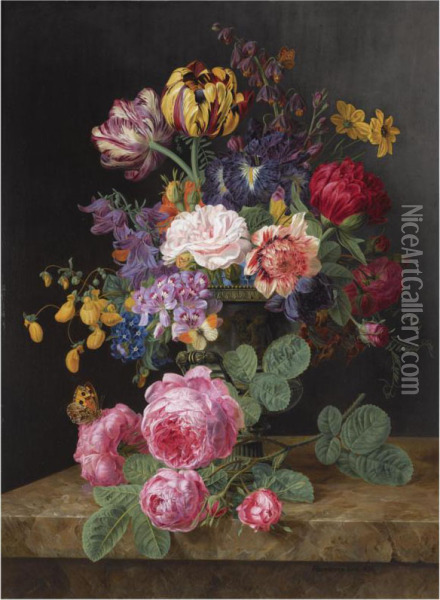A Still Life With Roses, Tulips And Other Flowers Oil Painting - Henriette Geertruida Knip