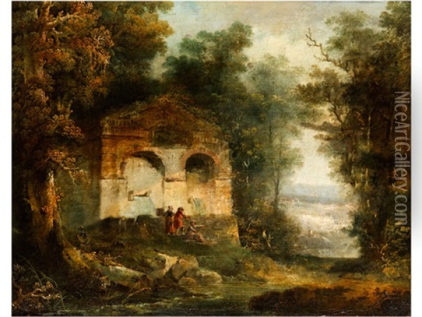 Landschaft Mit Ruine Und Staffagefiguren Oil Painting - Hubert Robert