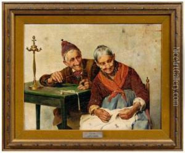 Older Gentleman Tickling The Ear Of His Wife Oil Painting - E. Torrini