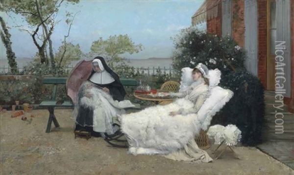 Resting On The Terrace, Villerville Oil Painting - Ernest-Ange Duez