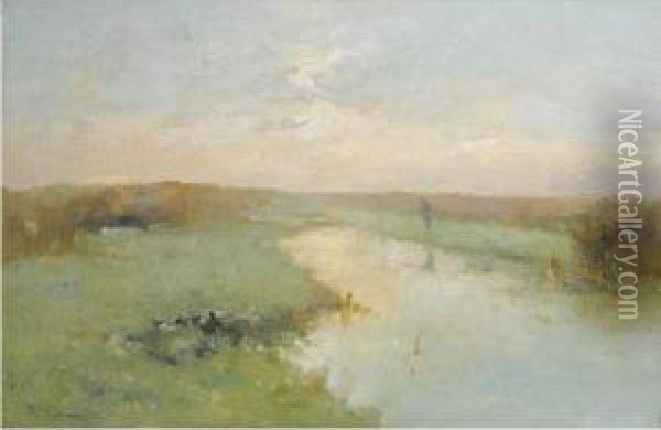 A Fisherman In A Polder Landscape Oil Painting - Jacob Ritsema