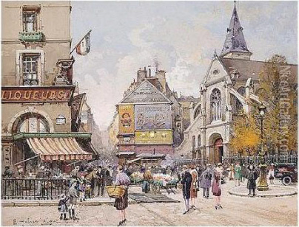 L'eglise De St. Medard, Paris: A Pair Oil Painting - Eugene Galien-Laloue