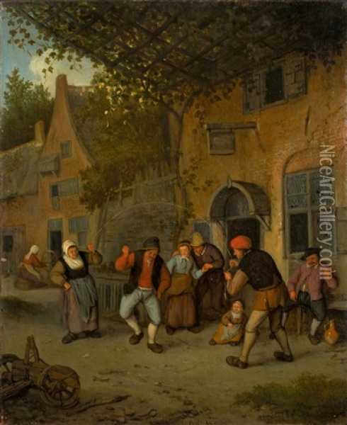 Peasants In Front Of A Tavern, Skipping A Rope Oil Painting - Cornelis Dusart