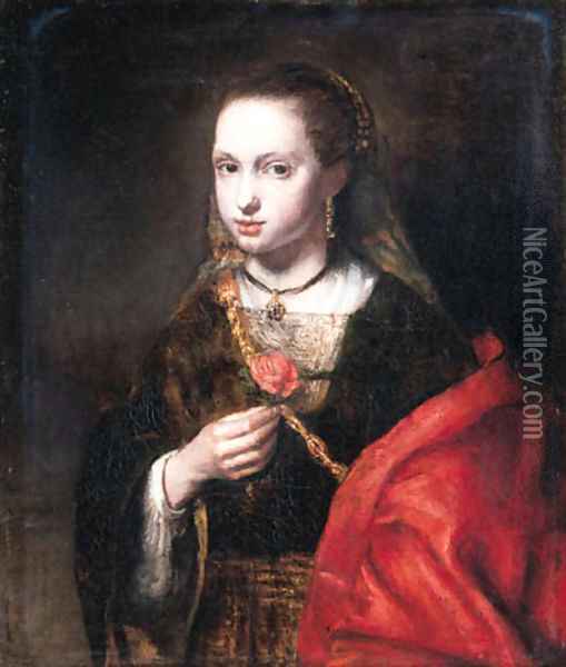 A young woman, small half-length, in a brown dress with a red mantle, a rose in her right hand Oil Painting - Abraham van Dijck