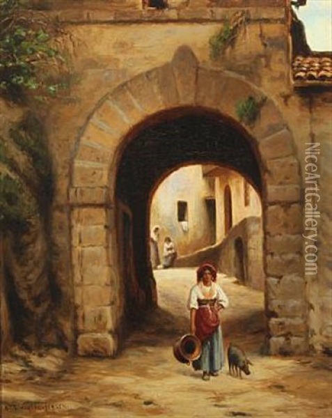The Town Gate In Anticoli, Italy Oil Painting - Niels Frederik Schiottz-Jensen