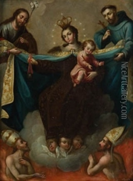 Virgen Con Nino Y Santos Oil Painting - Bernabe Ayala