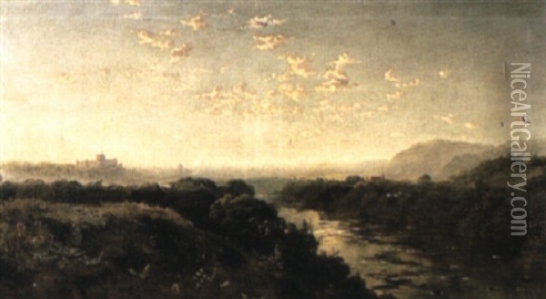 A River Landscape With A Castle Beyond Oil Painting - Edmund John Niemann