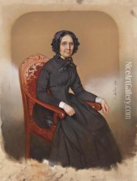 Portrait De Femme Assise A La Robe Noire Oil Painting - Honore Charles Sardou