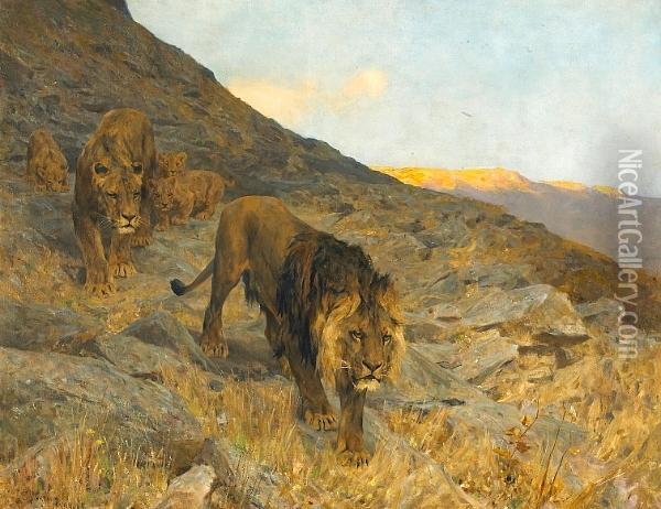 A Family Of Lions In A Rocky Landscape Oil Painting - Arthur Wardle