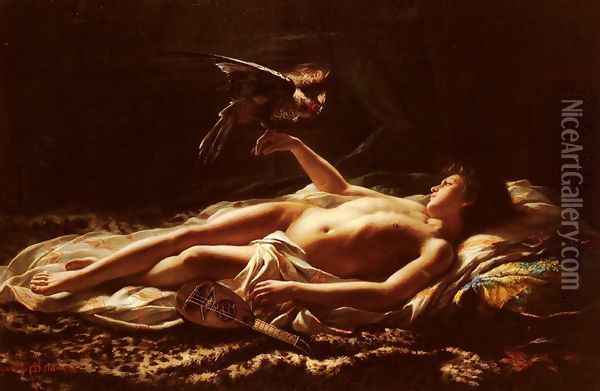Nu Masculin Avec Faucon (Male Nude with Falcon) Oil Painting - Germain Detanger