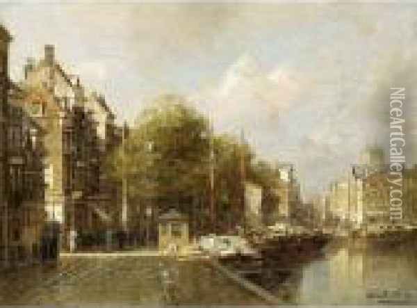 A Busy Quay In Rotterdam Oil Painting - Johannes Christiaan Karel Klinkenberg